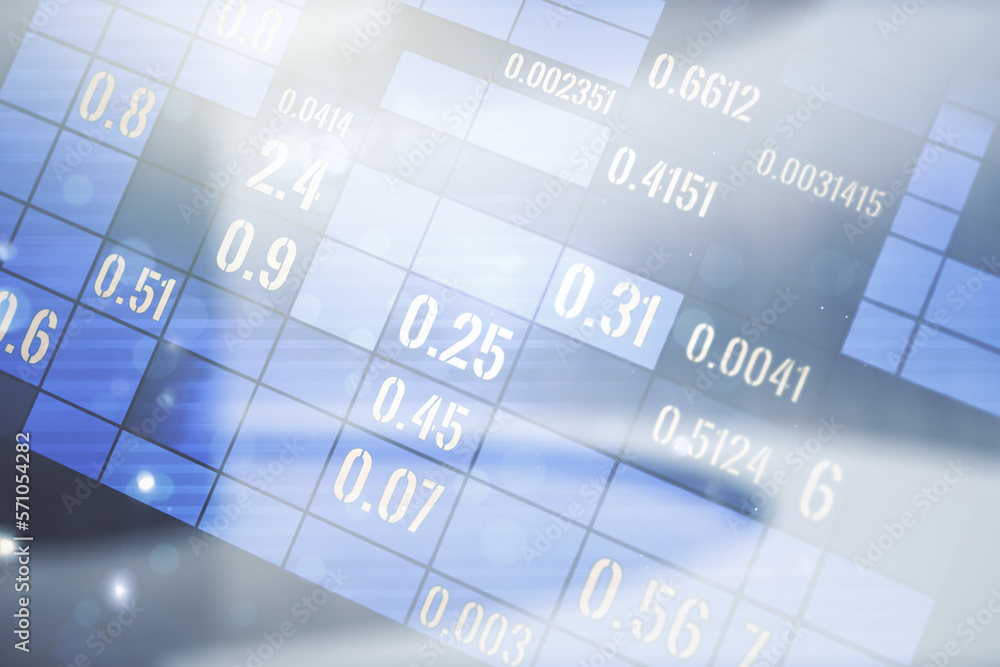Poster multi exposure of stats data illustration on empty corporate office background, computing and analyt
