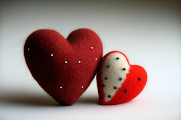 two felted yarn hearts isolated on a white background, generative AI