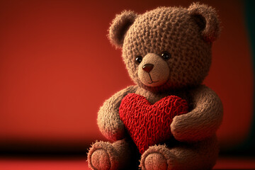 adorable soft teddy bear holding a red heart, isolated on a red background, generative AI