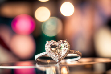 heart shaped diamond engagement ring isolated over a simple bokeh lights background, love and romance concept created with generative AI