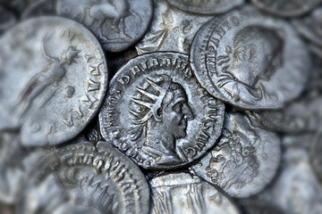 Ancient Roman coin showing the face of the emperor Trajan Decius Antoninianus