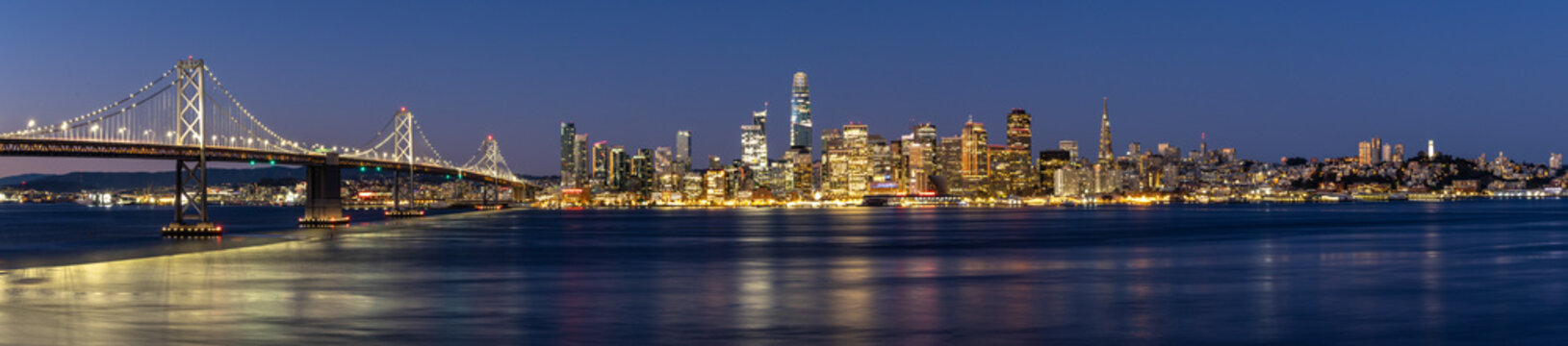 View of the Bay Bridge and San Francisco skyline at dawn from Treasure Island