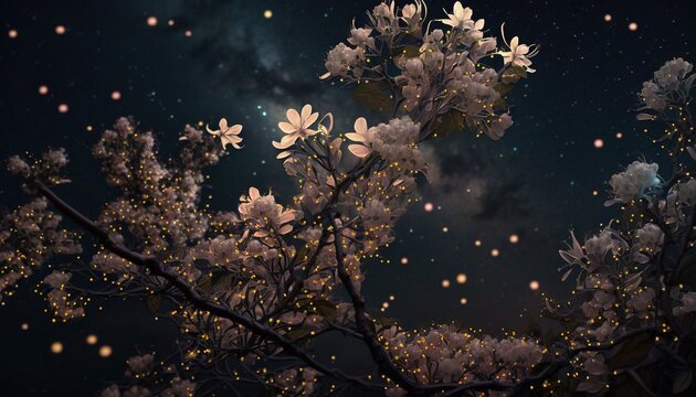  a night scene with a tree with white flowers and a full moon in the sky with stars in the sky and a shooting star in the sky.  generative ai