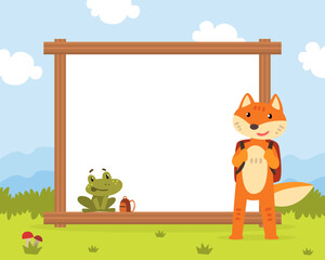 Blank Framed Page or Banner with Cute Fox with Backpack and Frog Animal Learning Vector Template