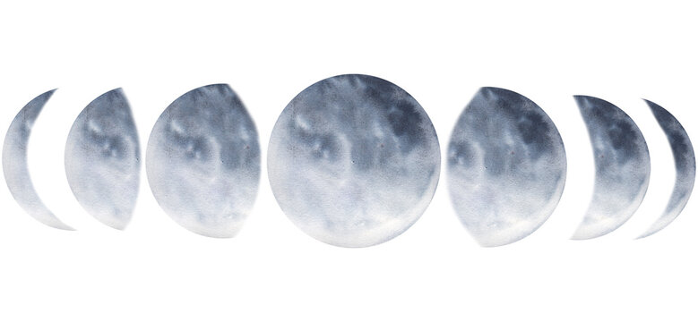 Watercolor moon phases. Hand painted various phases isolated on night sky background. Hand drawn modern space design for print