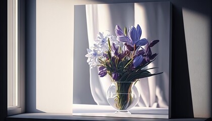  a vase of flowers sitting on a window sill in front of a window sill with curtains in the background and sunlight coming through the window.  generative ai