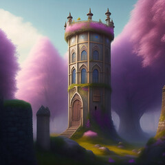 Fototapeta premium Generative AI: cute tower in a fantasy landscape