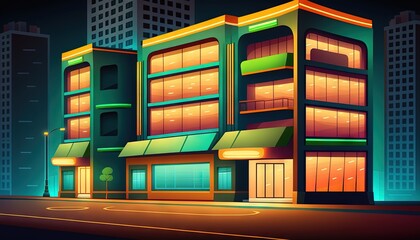  a brightly lit building on a city street at night with tall buildings in the background and a street light at the bottom of the building.  generative ai
