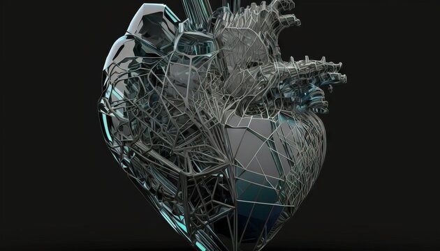  a heart made of metal and glass on a black background with a reflection of the heart in the middle of the image and a black background.  generative ai