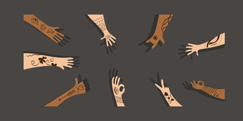 Coloured human raised hands tattooed with various gestures. Background for banner or landing page with freedom and tolerance to diversity idea.