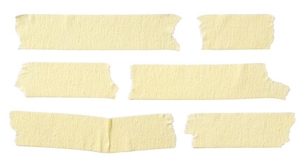 six pieces / strips of ripped yellow textured adhesive kraft paper / masking tape, attach something or use as labels and add some text - isolated design element	
