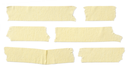 six pieces / strips of ripped yellow textured adhesive kraft paper / masking tape, attach something or use as labels and add some text - isolated design element	