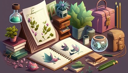 a bunch of books and other items on a purple surface with a plant and a glass jar on top of it and a pencil and a glass jar.  generative ai