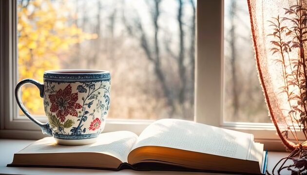  an open book and a cup of coffee on a windowsill with a window sill in the background and a window sill in the foreground.  generative ai