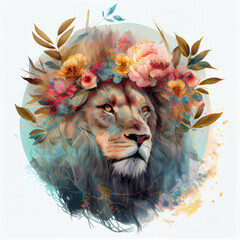 Lion with a flower crown, King lion generative ai