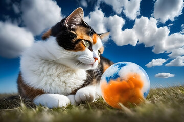 Calico cat on the grass with ball