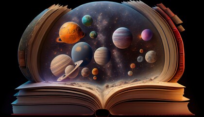 Astrology or astronomy book of the universe - opened old magic book with space, galaxy, planets and stars. 