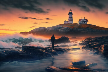 Leuchtturm  an einer Küste, während einem Sonnenuntergang mit menschlicher Silhouette 