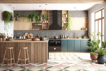 Naklejka na ściany i meble Contemporary empty home interior kitchen boho style, concept of Bohemian and Minimalistic, created with Generative AI technology