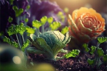 Lettuce and vegetables in the garden. Generative AI.