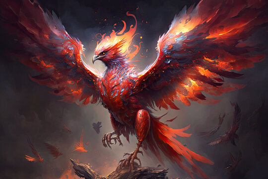 sky bird of apocalypse in form of fiery red phoenix firebird, generative ai