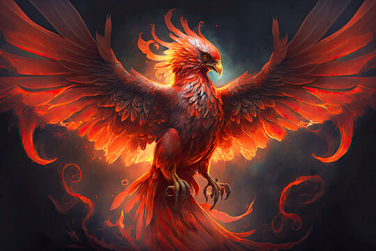 sky bird of apocalypse in form of fiery red phoenix firebird, generative ai