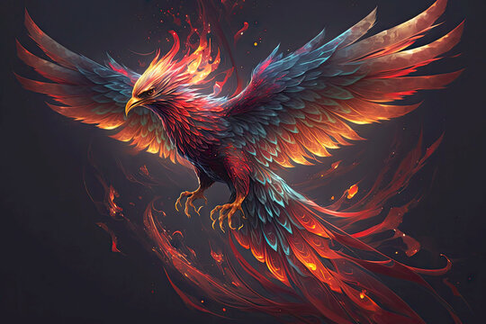 fantasy phoenix firebird with red plumage flying along rays, generative ai