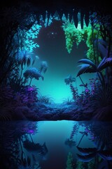 Fototapeta na wymiar illustration, a tropical night forest, exotic and mystical, ai generative