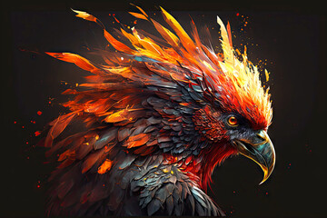 huge bird's head with feathers and beak phoenix firebird, generative ai
