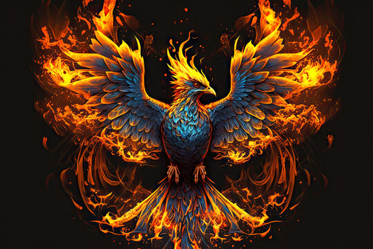 mystical bird in form of fiery phoenix firebird surrounded by flames, generative ai