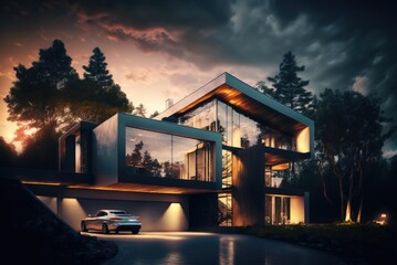 Luxury modern residence building - family villa house with a futuristic design, dark mood exterior. AI generative for Real estate companies.