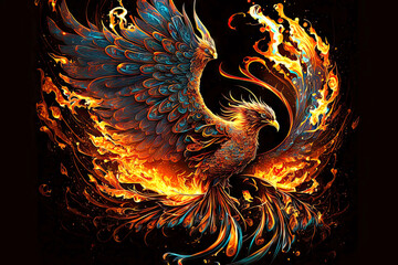mythological bird in flames phoenix firebird, generative ai - obrazy, fototapety, plakaty