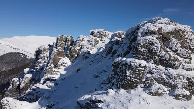 Old Mountain Balkan Stara Planina Babin Zub tourist resort in winter day covered with snow