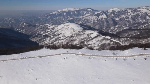 Old Mountain Balkan Stara Planina Babin Zub tourist resort in winter day covered with snow
