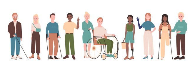 Diverse people with disability set vector illustration. Cartoon boy sitting in wheelchair, girls with prosthesis and blind man with stick, person with crutches, group of characters standing together