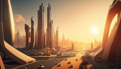 Obraz na płótnie Canvas Futuristic city with modern tower at golden hour