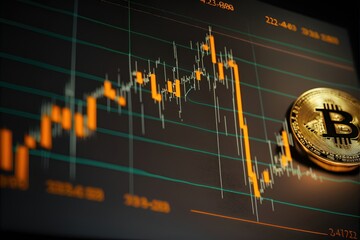 Data información sobre el bitcoin en el mercado de valores, inversión económica en criptomonedas, creado con IA generativa  - obrazy, fototapety, plakaty