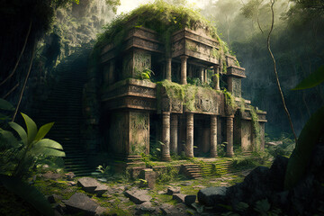 Temple ruins in jungle, old stone building in mountain forest, generative AI - obrazy, fototapety, plakaty