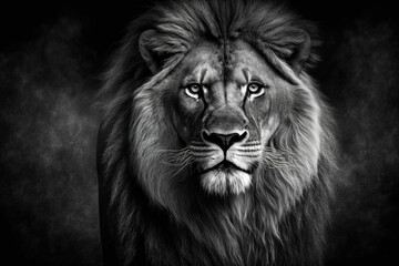 Obraz na płótnie Canvas Lion portrait in black and white, wild African animal walks at night, generative AI