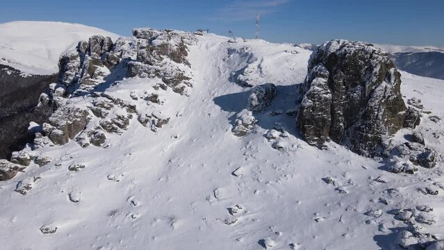 Old Mountain Balkan Stara Planina Babin Zub tourist resort in winter day covered with snow