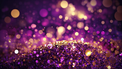 Generative AI illustration of a glittery purple and gold bokeh background