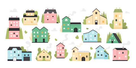 Cute houses set vector illustration. Cartoon small residential buildings of town or village with door and windows, smoke from chimney and roof, front view of various brick cottages and home apartment