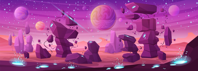 Magic landscape of alien planet in space vector illustration. Cartoon purple fantasy scene in alien cosmos with crystals and violet rocks on surface, stars and satellite in sky of fantastic background