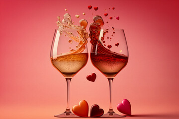 two glasses of champagne and heart celebration on pink background valentine day