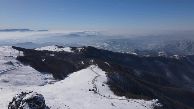 Old Mountain Balkan Stara Planina Babin Zub tourist resort in winter day covered with snow