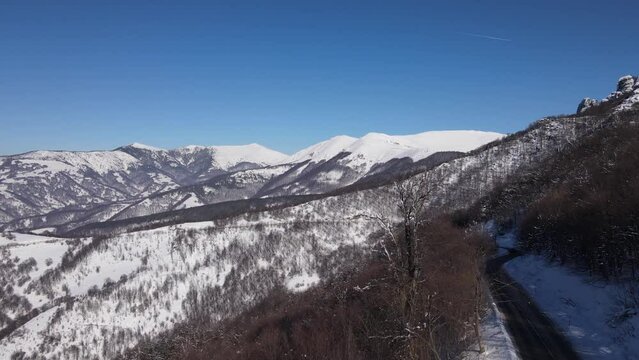 Old Mountain Balkan Stara Planina Babin Zub tourist resort in winter day covered with snow
