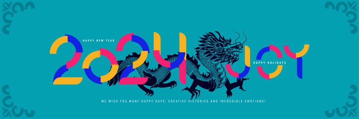 Modern 2024 year typography design in with flat style. Trend 2024 celebration card design. Colorful design, trendy style. Brochure design card, banner. Vector illustration isolated on red background.