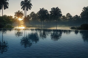 Calm peaceful relaxing tropical infinity pool at sunset with palm trees lush tropical background,  reflection reflected in water, ai generative illustration