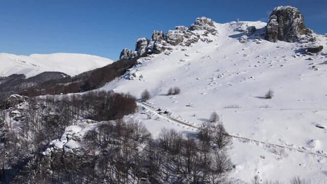 Old Mountain Balkan Stara Planina Babin Zub tourist resort in winter day covered with snow