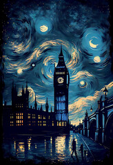 Starry Night - Big Ben - London England UK - Generative AI